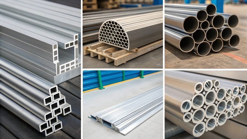 alt with keywords: stack of various aluminum extrusion profiles made from different 6xxx series alloys